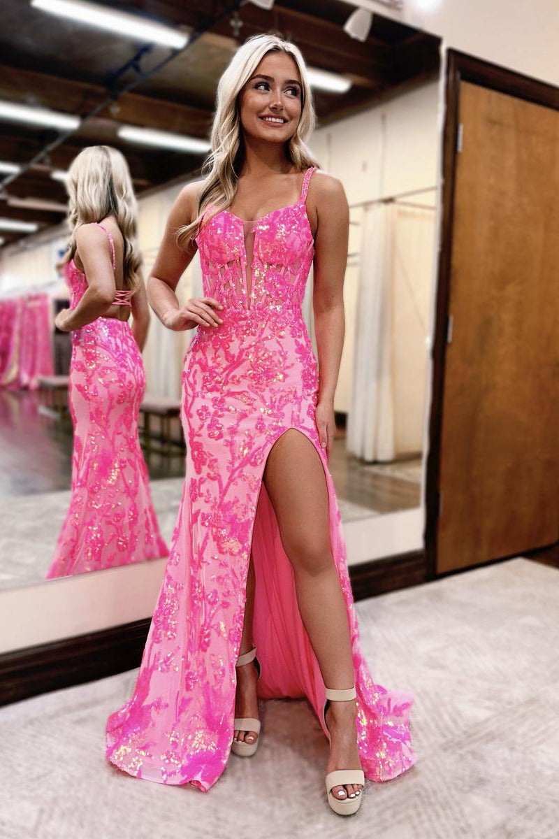Pink Sweetheart Sequins Lace Mermaid Prom Dresses with Slit