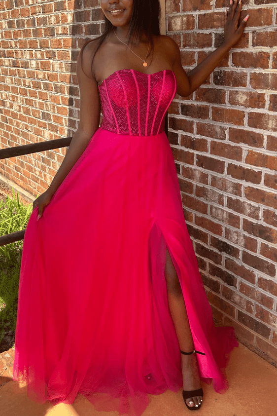 Abysmal | A - Line Strapless Beads Empire - Waist Sleeveless Prom Dress With Slit - KissProm