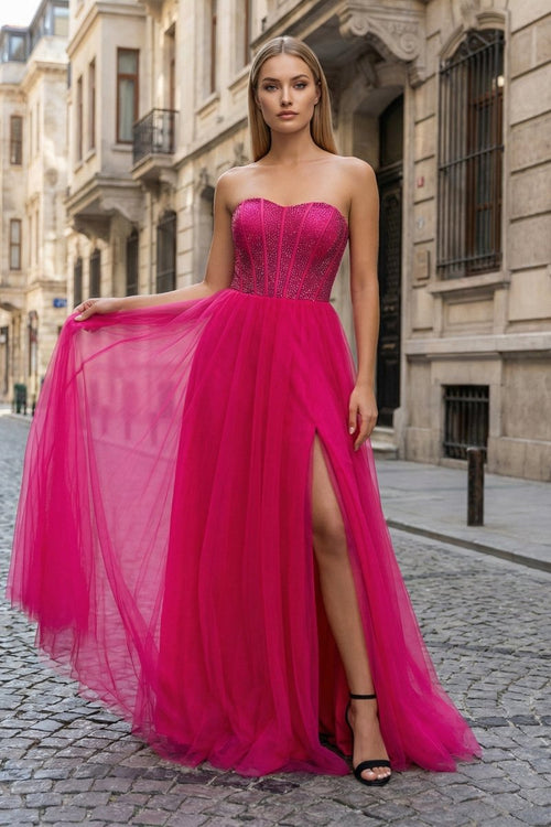 A - Line Strapless Beads Empire - Waist Sleeveless Prom Dress With Slit - KissProm