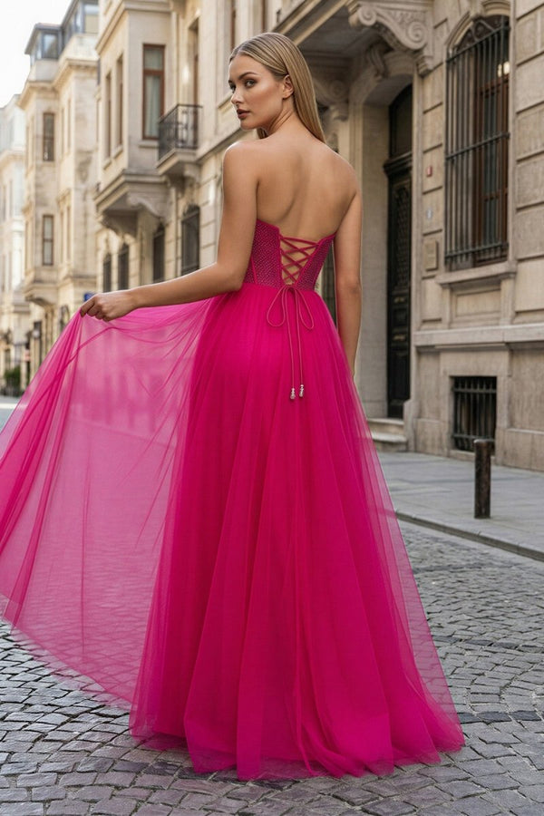 A - Line Strapless Beads Empire - Waist Sleeveless Prom Dress With Slit - KissProm