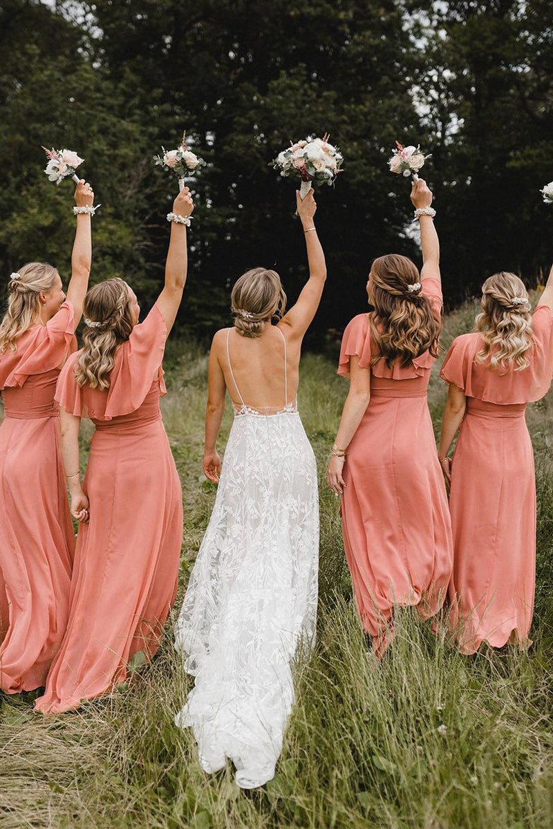 Simple A-Line Coral Chiffon Long Bridesmaid Dresses Simple A-Line Coral Chiffon Long Bridesmaid Dresses