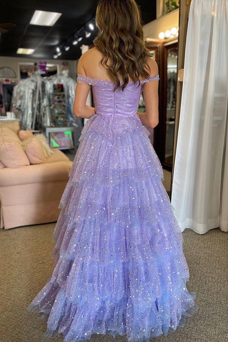 Acadia | A - Line Off the Shoulder Ruffle Tiered Tulle Long Prom Dress - KissProm