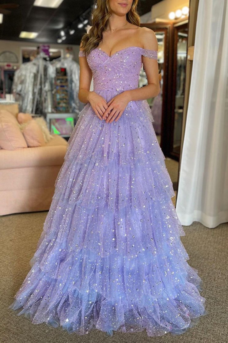 Acadia | A - Line Off the Shoulder Ruffle Tiered Tulle Long Prom Dress - KissProm