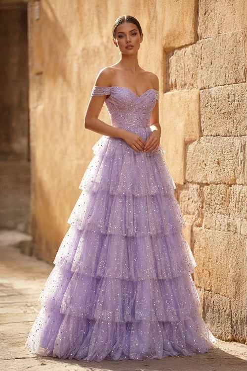 A - Line Off the Shoulder Ruffle Tiered Tulle Long Prom Dress - KissProm