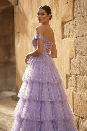 A - Line Off the Shoulder Ruffle Tiered Tulle Long Prom Dress - KissProm