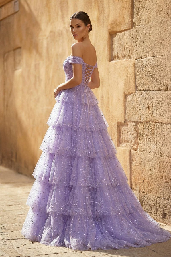 A - Line Off the Shoulder Ruffle Tiered Tulle Long Prom Dress - KissProm
