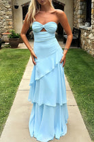 KissProm-Adel Blue Sheath Strapless Chiffon Long Prom Dresses With Ruffles 