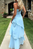 KissProm-Adel Blue Sheath Strapless Chiffon Long Prom Dresses With Ruffles 