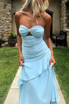 KissProm-Adel Blue Sheath Strapless Chiffon Long Prom Dresses With Ruffles 