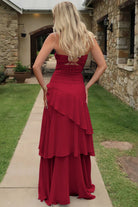 Adel | Blue - Sheath Strapless Chiffon Long Prom Dresses With Ruffles - KissProm