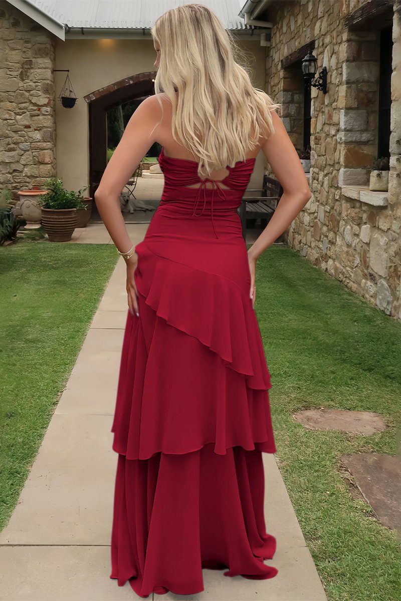 Adel | Blue - Sheath Strapless Chiffon Long Prom Dresses With Ruffles - KissProm