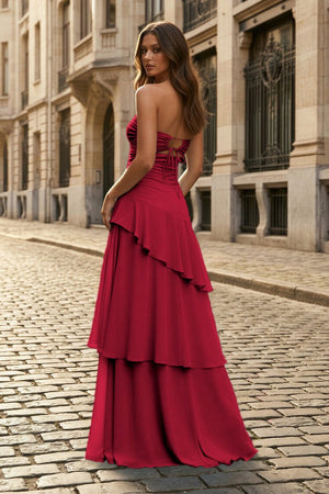 Blue - Sheath Strapless Chiffon Long Prom Dresses With Ruffles - KissProm