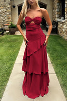 Adel | Blue - Sheath Strapless Chiffon Long Prom Dresses With Ruffles - KissProm