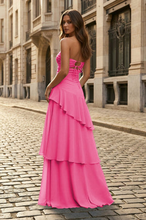 Blue - Sheath Strapless Chiffon Long Prom Dresses With Ruffles - KissProm