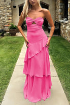 Adel | Blue - Sheath Strapless Chiffon Long Prom Dresses With Ruffles - KissProm