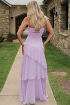Adel | Blue - Sheath Strapless Chiffon Long Prom Dresses With Ruffles - KissProm