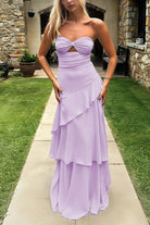 Adel | Blue - Sheath Strapless Chiffon Long Prom Dresses With Ruffles - KissProm