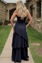 Adel | Blue - Sheath Strapless Chiffon Long Prom Dresses With Ruffles - KissProm