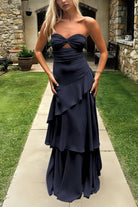 Adel | Blue - Sheath Strapless Chiffon Long Prom Dresses With Ruffles - KissProm