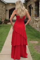 Adel | Blue - Sheath Strapless Chiffon Long Prom Dresses With Ruffles - KissProm