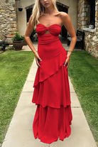 Adel | Blue - Sheath Strapless Chiffon Long Prom Dresses With Ruffles - KissProm