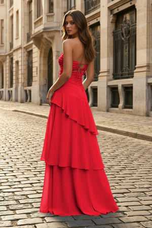 Blue - Sheath Strapless Chiffon Long Prom Dresses With Ruffles - KissProm