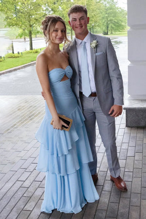 Adel | Sky Blue - Sheath Strapless Chiffon Long Prom Dresses With Ruffles - KissProm