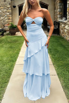 Adel | Blue - Sheath Strapless Chiffon Long Prom Dresses With Ruffles - KissProm