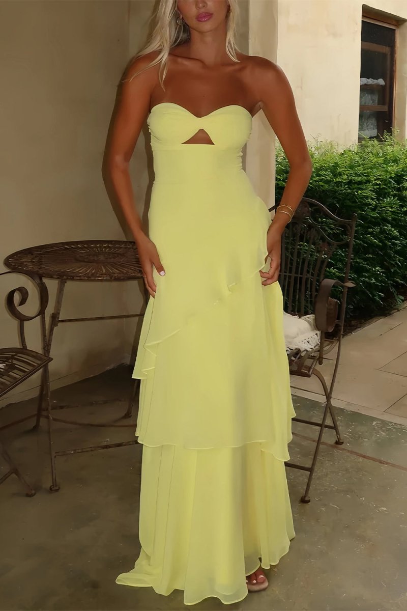 KissProm-Adel Yellow Sheath Strapless Chiffon Long Prom Dresses With Ruffles 