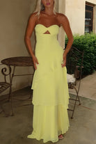 KissProm-Adel Yellow Sheath Strapless Chiffon Long Prom Dresses With Ruffles 