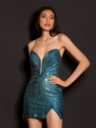 Aderyn | Green - Sheath V Neck Beaded Short Homecoming Dresses With Slit