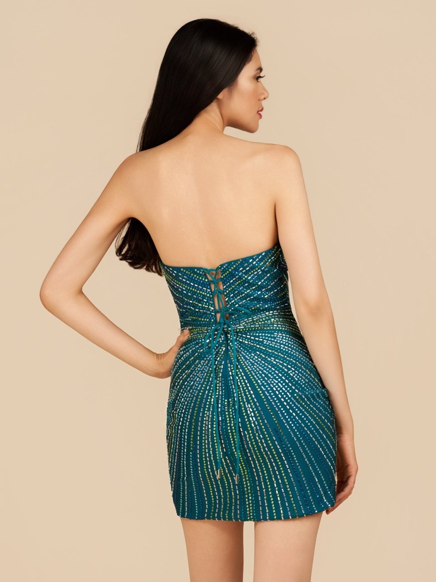 Aderyn | Green - Sheath V Neck Beaded Short Homecoming Dresses With Slit