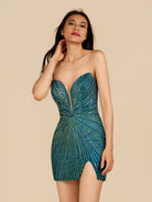 Aderyn | Green - Sheath V Neck Beaded Short Homecoming Dresses With Slit