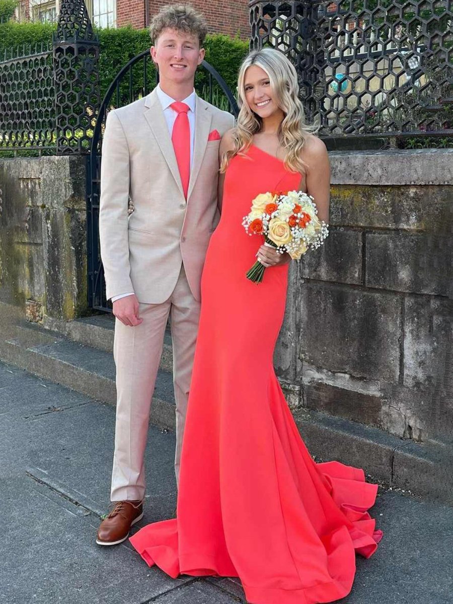 Adley | One Shoulder Mermaid Sleeveless Satin Prom Dress with Train - KissProm