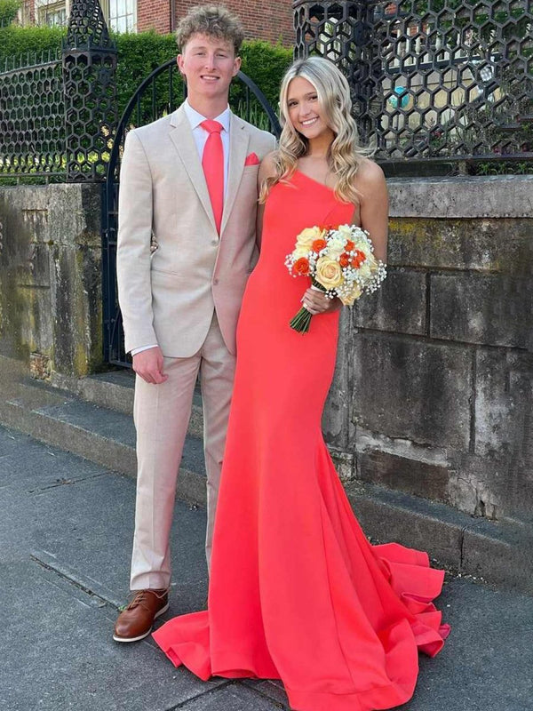 Adley | One Shoulder Mermaid Sleeveless Satin Prom Dress with Train - KissProm