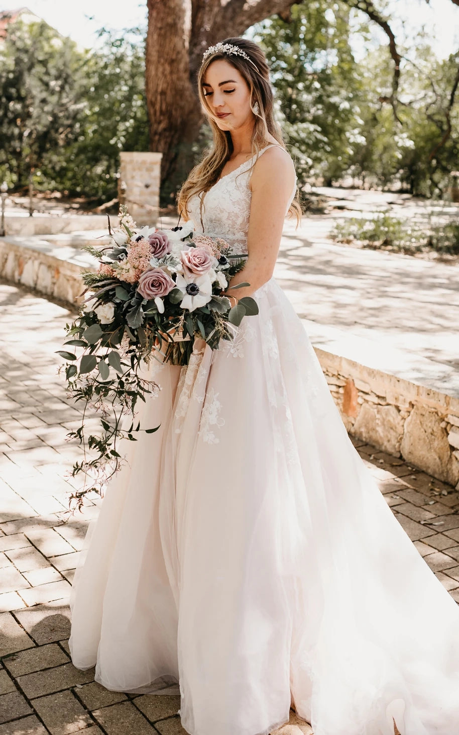 Adorable A-Line Lace Wedding Dress With Appliques And Illusion Deep-V Back