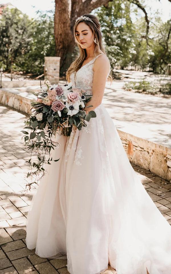 Adorable A-Line Lace Wedding Dress With Appliques And Illusion Deep-V Back