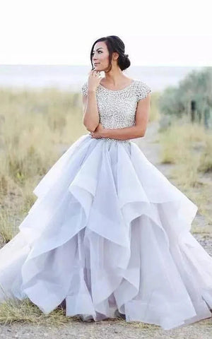 Adorable Country Style Organza Ruffled Cap-sleeve Ball Gown Wedding Dr