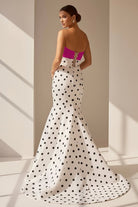Adrie | White - Strapless Polka Dots Satin Mermaid Long Formal Prom Dresses With Flower - KissProm