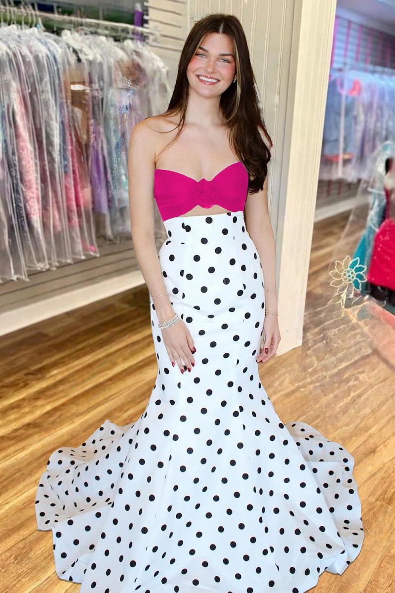 Adrie | White - Strapless Polka Dots Satin Mermaid Long Formal Prom Dresses With Flower - KissProm