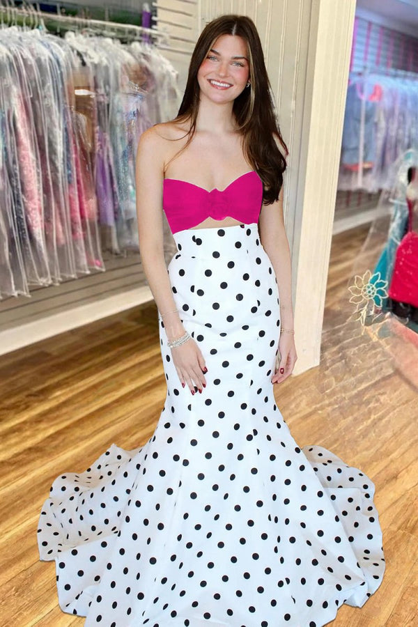 Adrie | White - Strapless Polka Dots Satin Mermaid Long Formal Prom Dresses With Flower - KissProm