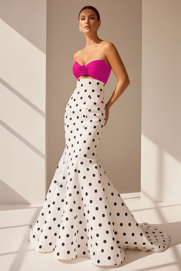White Sweetheart Polka Dots Satin Mermaid Long Formal Prom Dresses With Flower Black-Fuchsia / 8