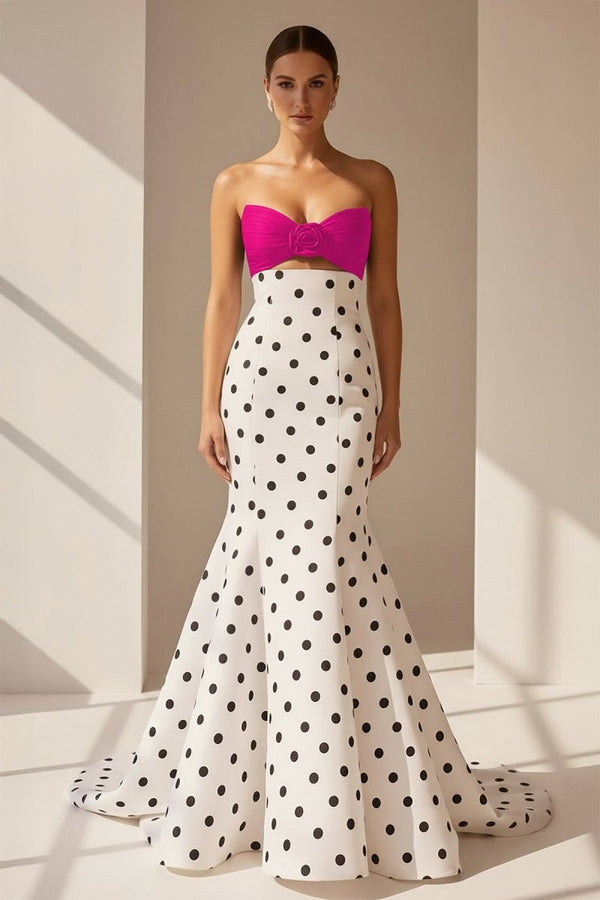 White Sweetheart Polka Dots Satin Mermaid Long Formal Prom Dresses With Flower – Prom Dress by KissProm | Available at KissProm