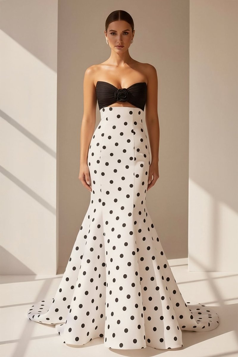 KissProm White Sweetheart Polka Dots Satin Mermaid Long Formal Prom Dresses With Flower, Black-Fuchsia / 8