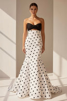 Adrie | White - Strapless Polka Dots Satin Mermaid Long Formal Prom Dresses With Flower - KissProm