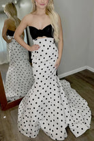 Adrie | White - Strapless Polka Dots Satin Mermaid Long Formal Prom Dresses With Flower - KissProm