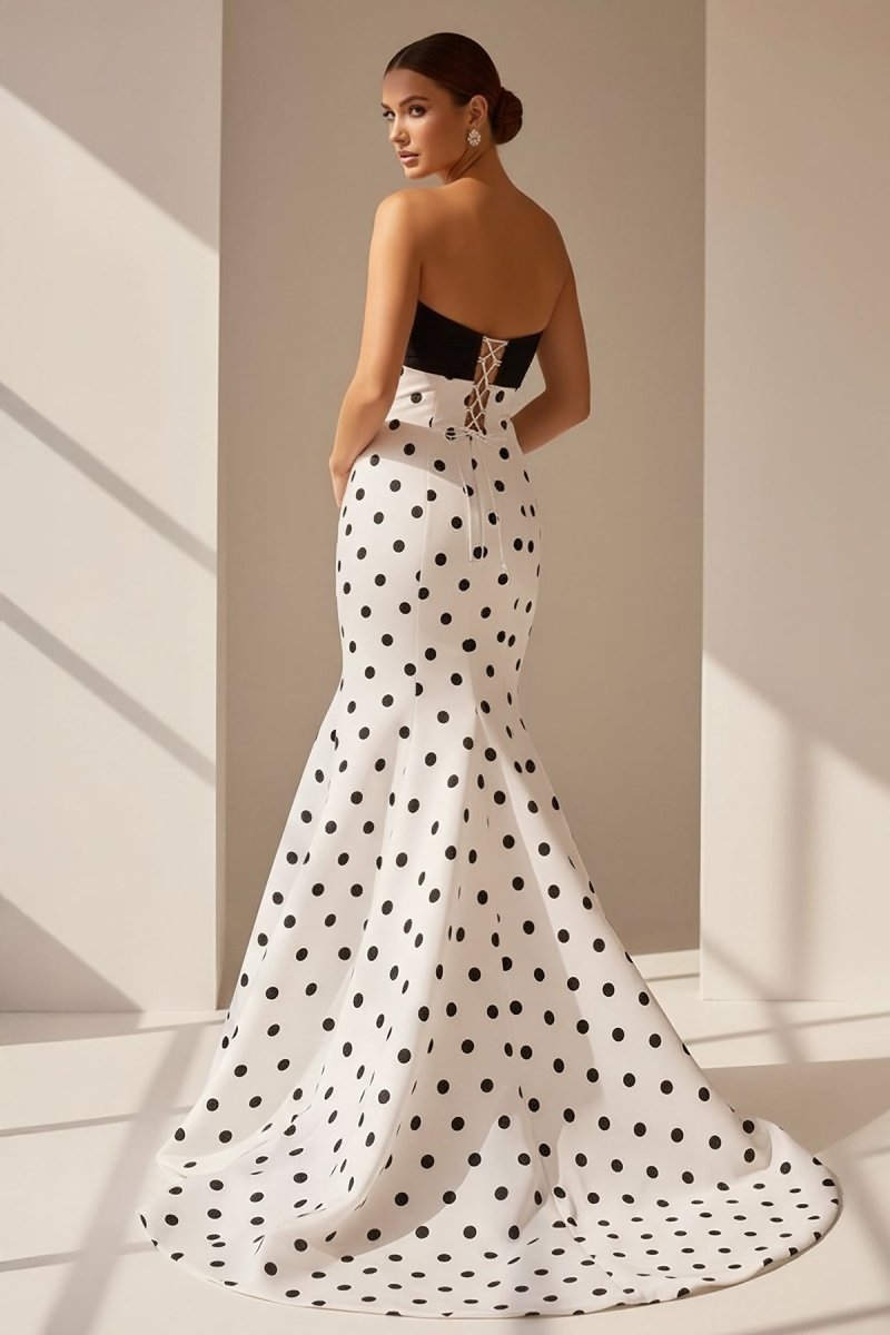 Adrie | White - Strapless Polka Dots Satin Mermaid Long Formal Prom Dresses With Flower - KissProm