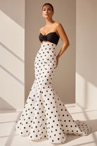 Adrie | White - Strapless Polka Dots Satin Mermaid Long Formal Prom Dresses With Flower - KissProm