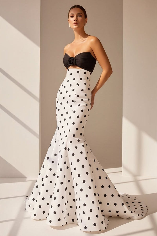 White Sweetheart Polka Dots Satin Mermaid Long Formal Prom Dresses With Flower – Prom Dress by KissProm | Available at KissProm