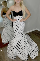 Adrie | White - Strapless Polka Dots Satin Mermaid Long Formal Prom Dresses With Flower - KissProm